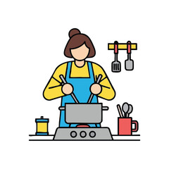Home Cooking Culinary Preparation. Graphic of an individual in an apron actively making a delicious dish on a stove. Symbolizes domesticity, nourishment, and a passion for food.