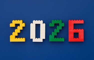 Obraz premium Tambov, Russian Federation - October 13, 2024 Numbers 2026 made by Lego bricks on a blue background.