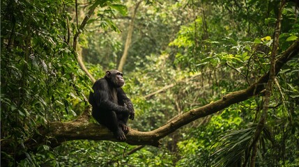 Obraz premium Chimpanzee sitting on a tree branch in a lush rainforest curiously observing its surroundings