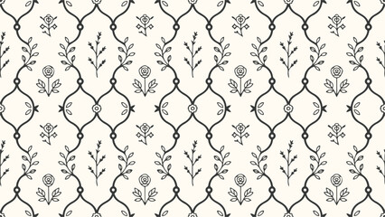 Elegant Botanical Wallpaper with Floral Accents Seamless Pattern Black and White Curving Vines and Pretty Blossoms Create a Whimsical Design
