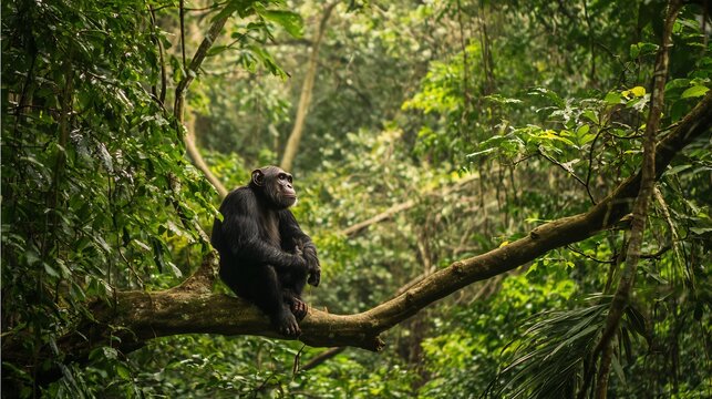 Chimpanzee sitting on a tree branch in a lush rainforest curiously observing its surroundings