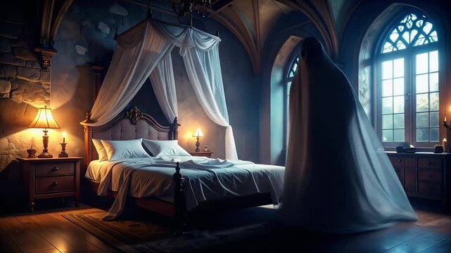 Ghost in medieval bedroom interior