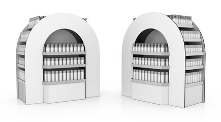 Retail POS cardboard arch displays with spray bottles. Trade show booth. 3d illustration transparent background