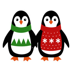 Obraz premium Two cute cartoon penguins wearing winter scarves and sweaters