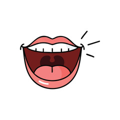 Expressive Open Mouth Cartoon. Bold graphic of a wide agape oral cavity featuring teeth and tongue. Portrays vocalization, communication, and strong sound.