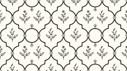 Elegant Floral Lattice Pattern Design Featuring Delicate Plant Motifs and Interlocking Geometric Shapes in a Minimalist Style