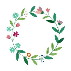 Delicate floral wreath with various flowers and leaves