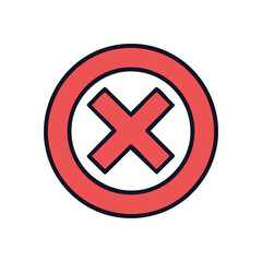 Round Red X Mark Error Sign. This vibrant cross emblem within a bordered circular shape symbolizes denial, cancellation, or an invalid operation. Ideal for interface alerts.