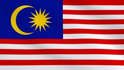 Malaysia&rsquo;s national flag with red-white stripes, blue canton, yellow crescent, and star.