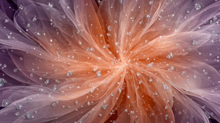 Obraz premium Glowing fractal with flower-like symmetry bursts in pink, orange, and blue rays, set against a cosmic background for vibrant psychedelic and spiritual visual impact