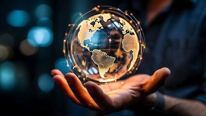 Fototapeta premium Man Holding Globe Hologram Displaying Global Network and Connection Technology for Business and Future Innovation
