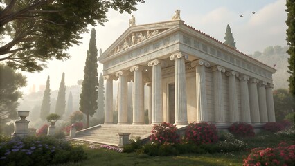 Obraz premium Classical Architecture with Columns and Statues Surrounded by Gardens and Trees on a Misty Morning.