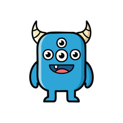 Cute Blue Cartoon Monster. This delightful animated creature boasts a vibrant shade, many eyes, horns, and a wide grin. A cheerful character symbolizing pure imagination and joy.
