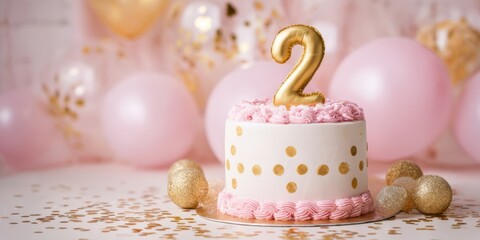The delightful pink and gold cake adorned for a special second birthday celebration.