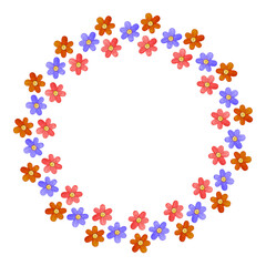 Round summer frame with bright flowers. Watercolor illustration of colorful plants is suitable for design, printing, cards