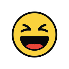 Hilarious Laughing Emoji Face. A cheerful round emoticon with eyes squeezed shut and wide mouth expressing immense amusement on a dark background. It conveys delight and good humor.