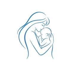 Maternal Love Embrace. Abstract blue line art depicting a loving parent tenderly holding an infant. This evokes feelings of protection, nurturing care, and profound connection.