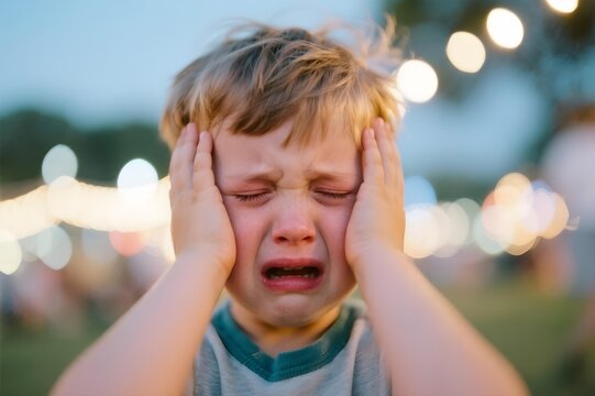 Autistic child boy crying outdoors holding face overwhelmed by sensory overload autism ADHD spectrum hypersensitivity meltdown neurodiversity inclusion awareness