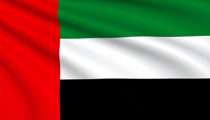 Flag of the United Arab Emirates with red vertical stripe and horizontal green, white, and black bands.