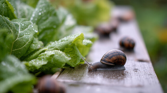 Snail farm with gastropod crawling on wooden path near fresh lettuce leaves. Sustainable agriculture and escargot breeding for commercial food production. Organic mollusk cultivation.