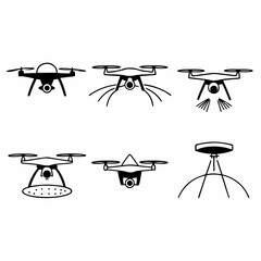 Set of drone icons isolated on white background depicting aerial technology and modern surveillance systems