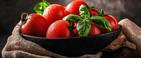 The vibrant red tomatoes nestled in a rustic bowl with fresh basil.