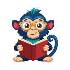 Cute monkey wearing stylish glasses reading a giant book vector illustration for education, learning, library, study, and knowledge themes