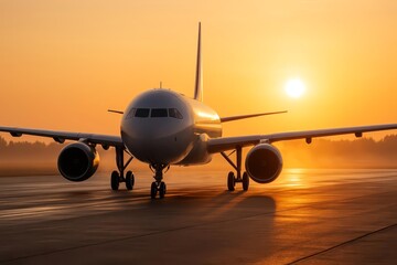 Obraz premium Golden Sunrise Flight: The Future of Travel and Aviation, Inspiring Innovation and Global Connectivity for Business and Leisure