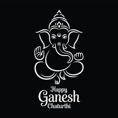 Happy Ganesh Chaturthi greeting card featuring white stylized Lord Ganesha illustration with crown and blessing gesture on black background