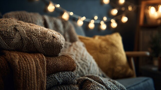 A warm-toned corner vignette with throws and string lights