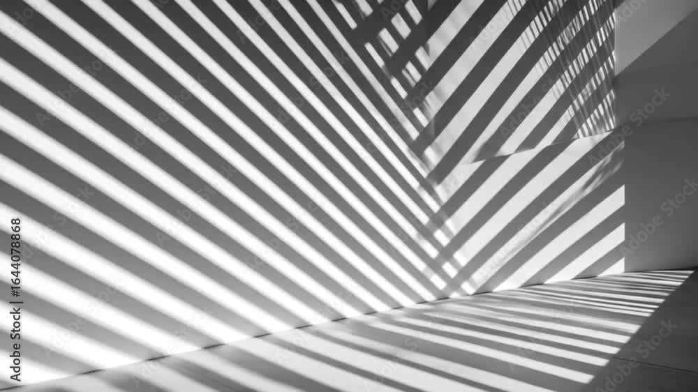 Poster monochromatic abstract interior featuring geometric shadow patterns on white walls with simple strip