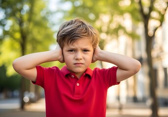 Autistic child boy covering ears in busy city street coping with loud noise sensory overload autism ADHD spectrum hypersensitivity neurodiversity awareness inclusion