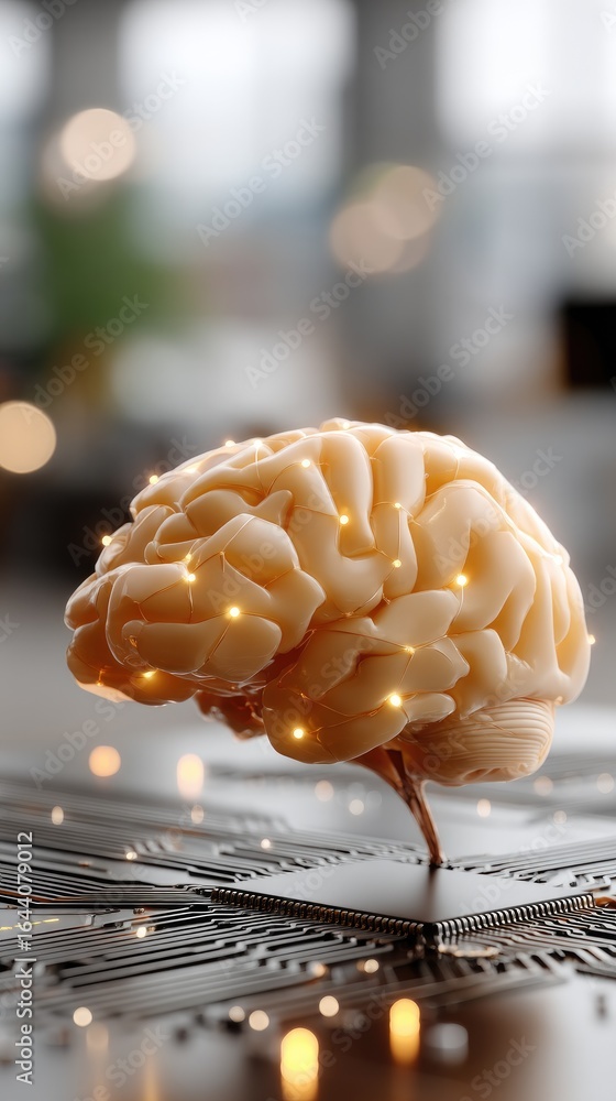 Aufkleber digital brain on microchip showcasing the fusion of neuroscience and technology in a futuristic sett