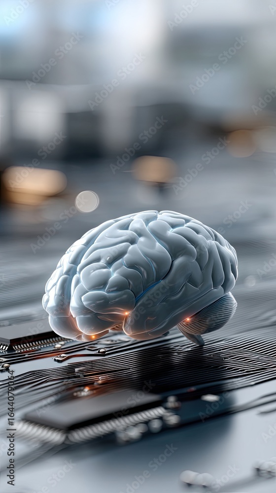 Poster digital brain on microchip showcasing the fusion of neuroscience and technology in a futuristic sett