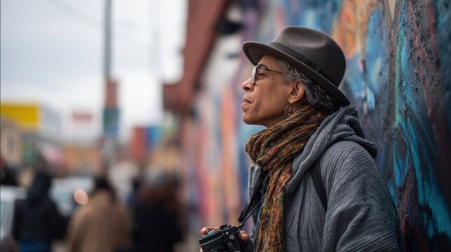 A senior African man with glasses and a hat stands against a colorful mural. He holds a camera and wears a scarf and a gray jacket.