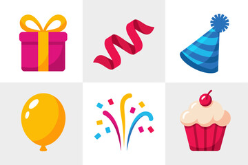 Celebration icon set, present box ribbon streamer party hat balloon fireworks cupcake, event graphics, cheerful vector collection