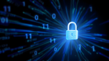 Cybersecurity: Futuristic Blue Padlock, Digital Data Stream, Abstract Background, Secure Technology Concept