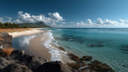 Magnifique plage tropicale avec eau turquoise et montagne verdoyante
