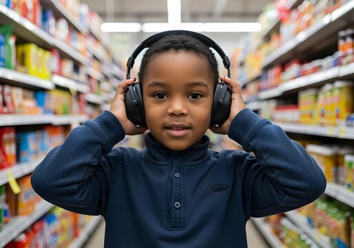 Autistic black child boy wearing headphones in supermarket managing sensory overload autism ADHD spectrum hypersensitivity meltdown neurodiversity awareness