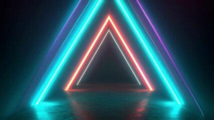 Neon triangle shape glowing on dark background with reflection. Abstract geometric light animation for nightclub, party, or tech concept. Looping video with vibrant colors. - Powered by Adobe