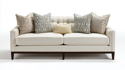 modern sofa isolated on white,  clean-line sofa with neutral cushions