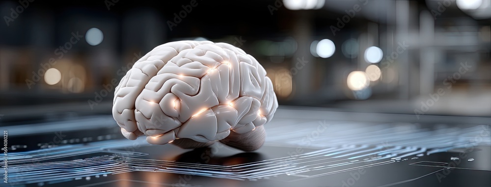 Poster artificial intelligence connects with human brain model in futuristic technology setting during nigh