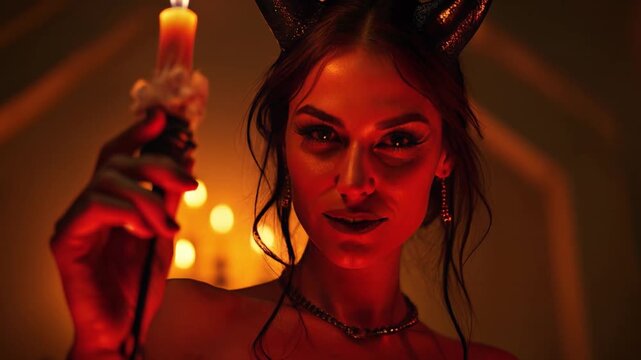 A stunning woman in a devil costume, holding a lit candle, winks and smiles mysteriously at the camera