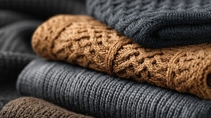 Minimalist flat lay of knitted pieces in caramel and slate gray