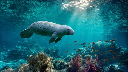 Dugong swimming near a coral reef with tropical fish around sunlight filtering through turquoise water