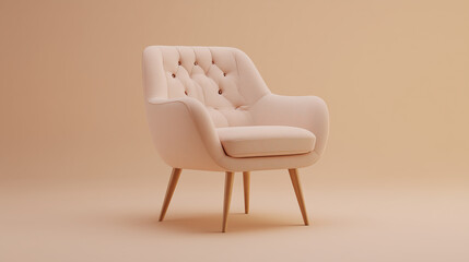 chair on cream, Minimal flat real of a modern armchair with wooden legs, pastel tones, cream background