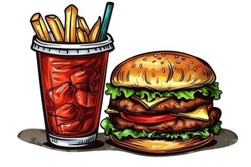 Juicy Double Cheeseburger, French Fries, and Soda: Vibrant Cartoon Style Fast Food Illustration