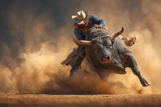 Rodeo cowboy riding a bucking bull amidst dust and action in the arena.