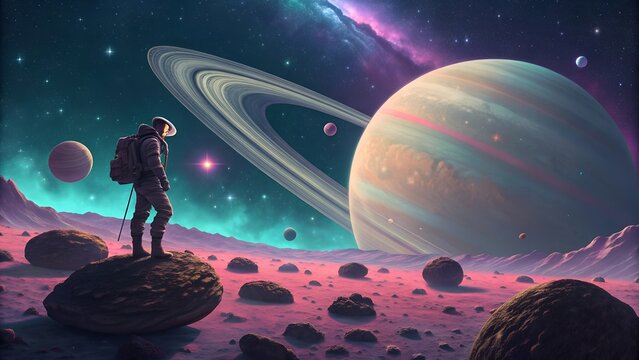 An traveler stands in a vivid dreamlike landscape and gazes at a massive glowing planet with colorful swirling rings in the sky , digital art style, illustration painting