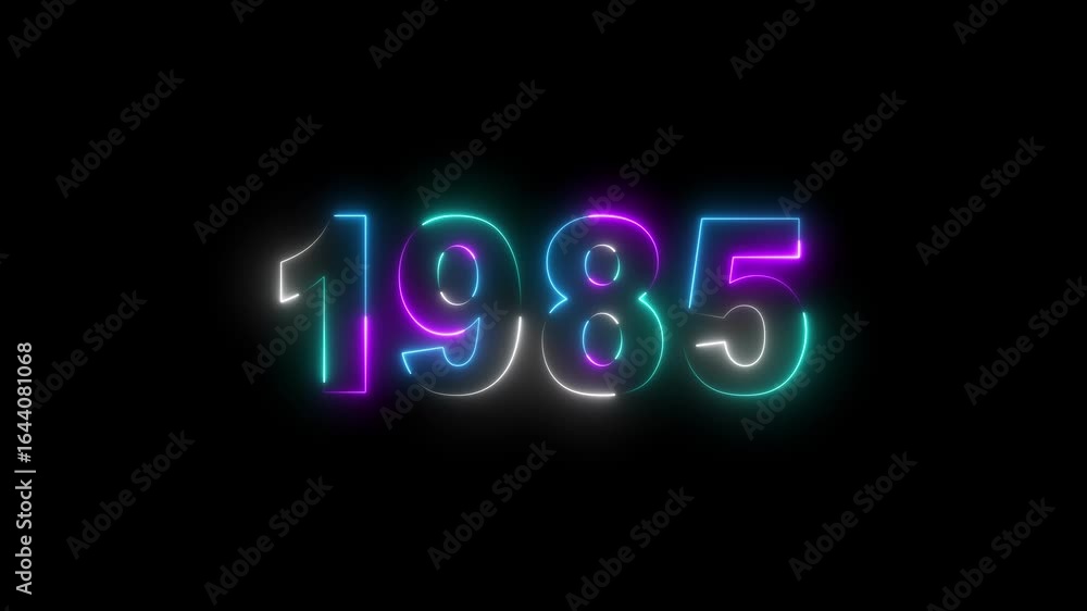 Poster 1985 neon line text. abstract 1985 neon text animation, glowing neon number text background 4k anima